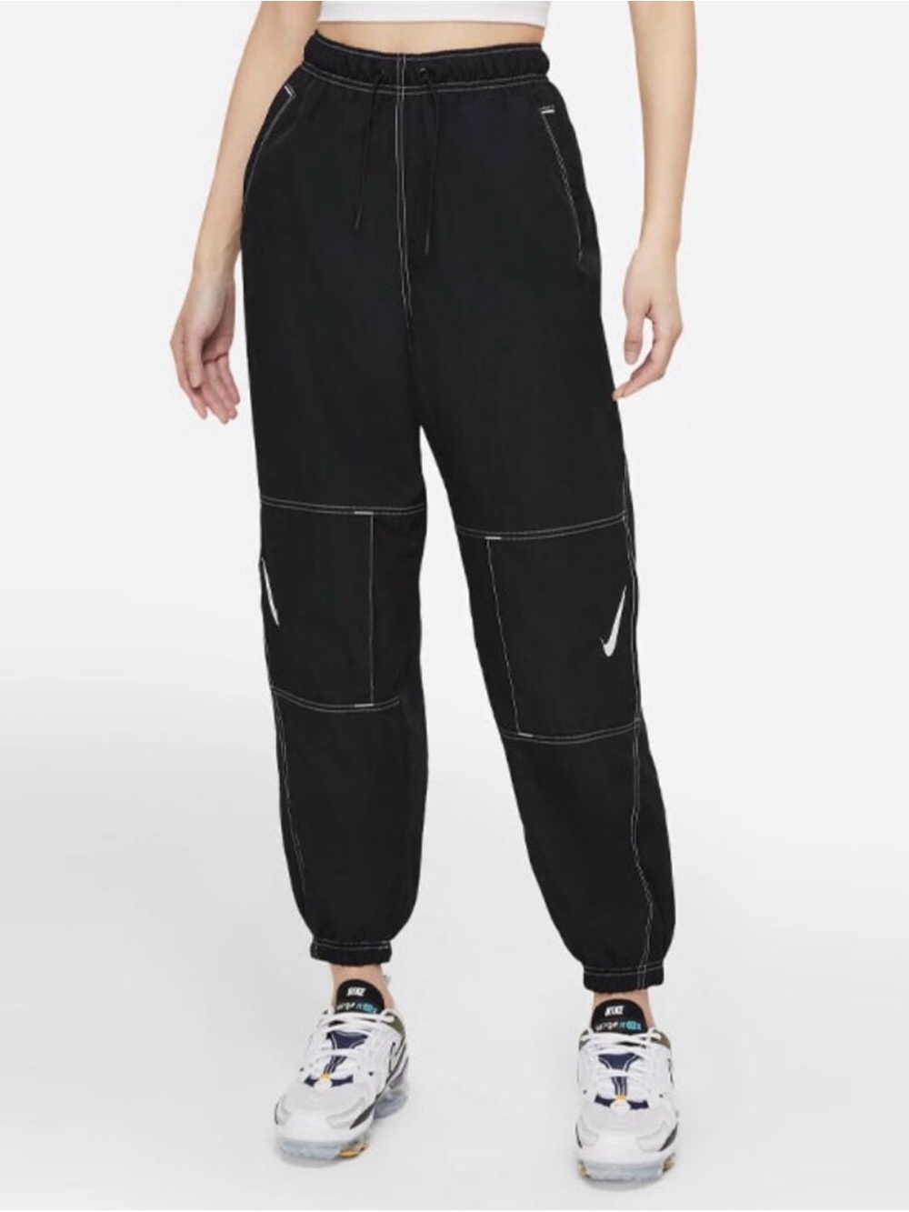 Nike Sportswear Swoosh Repel Woven High Rise Utility Joggers Black White Size M